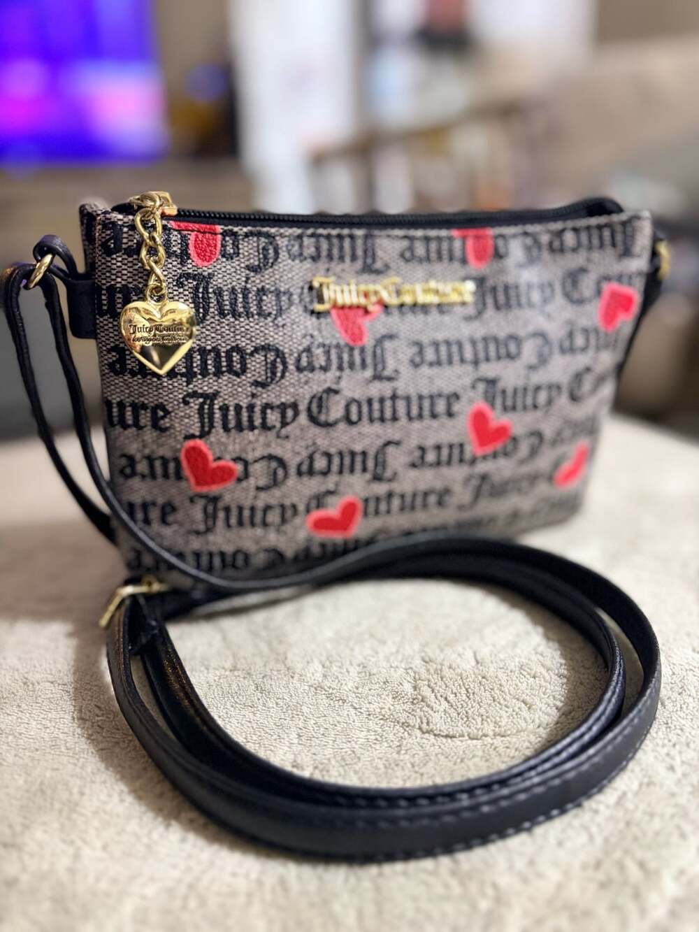 Juicy Couture Heart Print Crossbody Bag Black Red